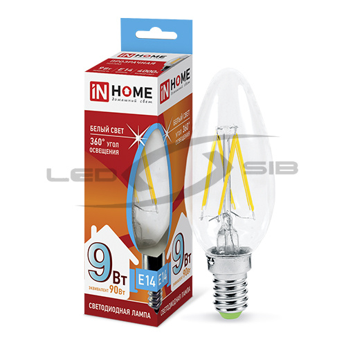 Лампа сд LED-СВЕЧА-deco 9W 230V Е14 810Lm прозрачная IN HOME